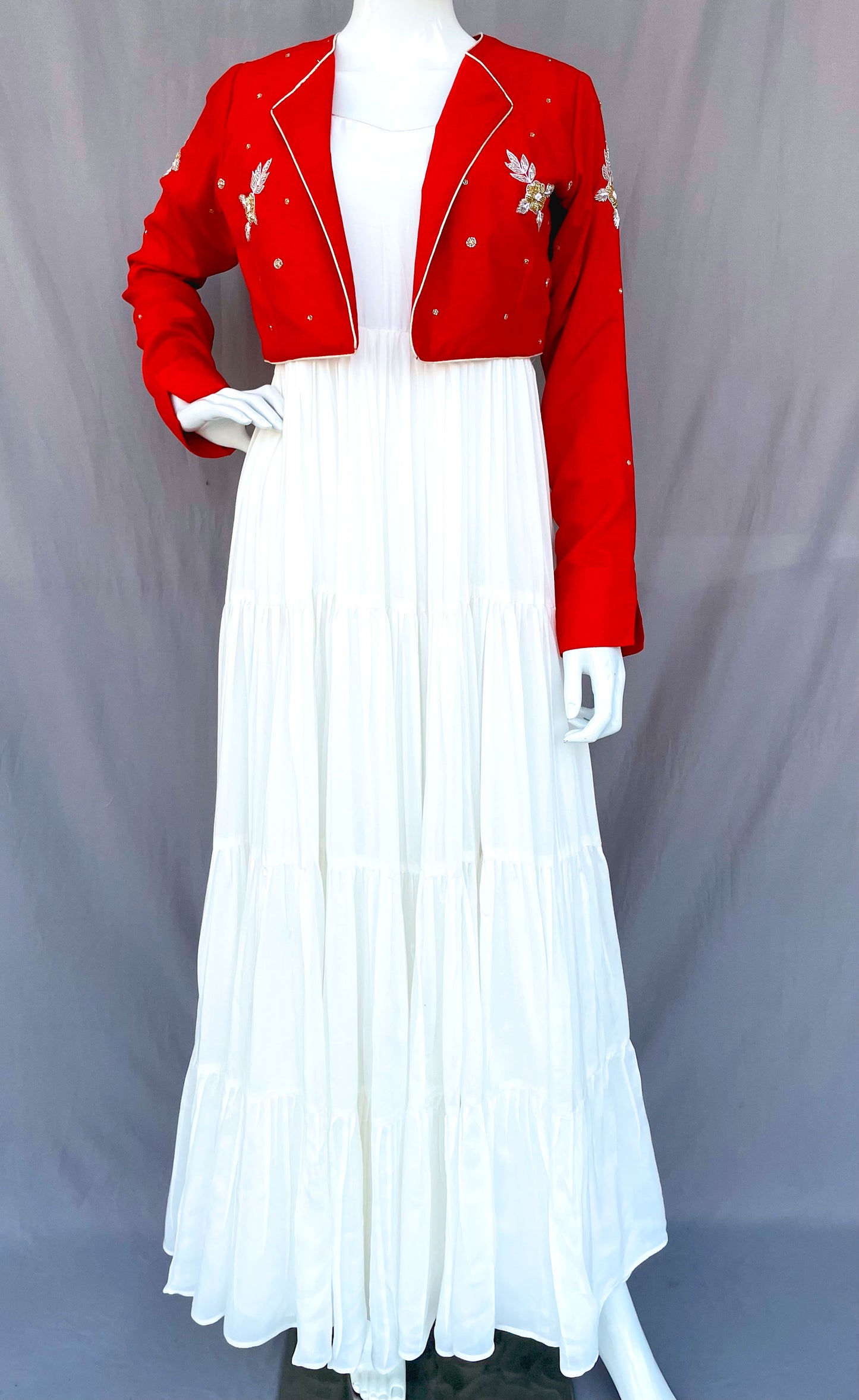 Red Hand Embroidered Jacket with White Flared Four Tiered Pure Muslin Long Dress