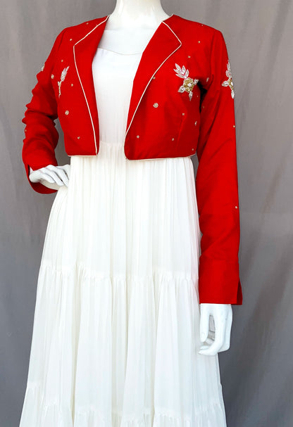Red Hand Embroidered Jacket with White Flared Four Tiered Pure Muslin Long Dress