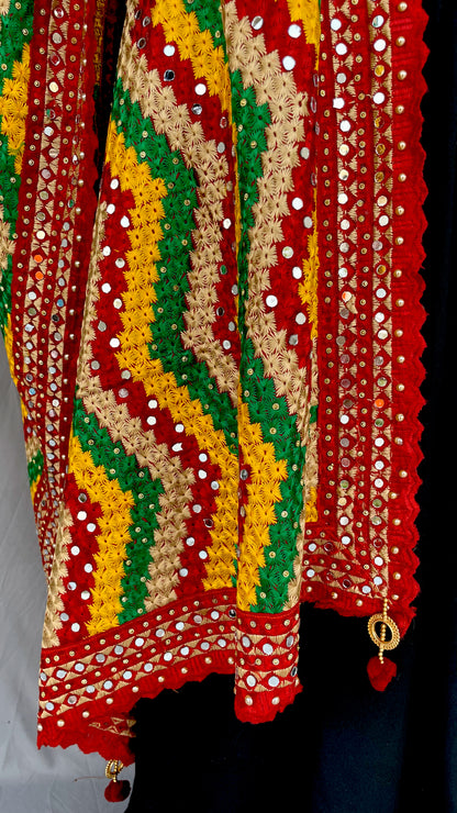 Maroon Multicolor Golden Zig Zag Phulkari Dupatta, Indian Ethnic Punjabi Stole