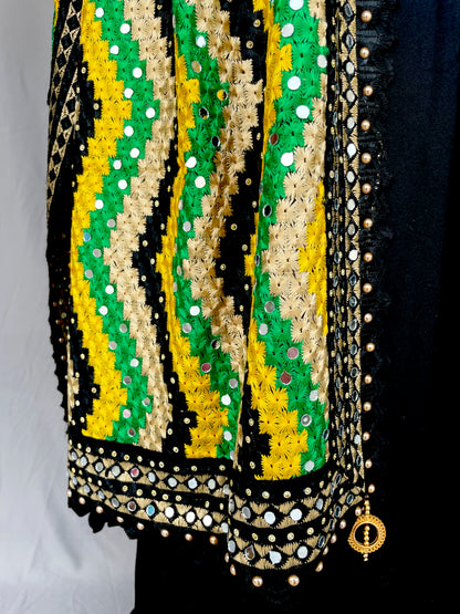 Black Multicolor Yellow Phulkari Dupatta, Indian Ethnic Punjabi Stole