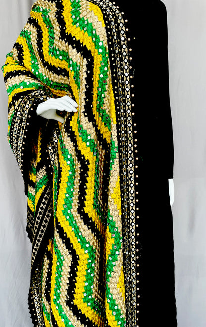 Black Multicolor Yellow Phulkari Dupatta, Indian Ethnic Punjabi Stole