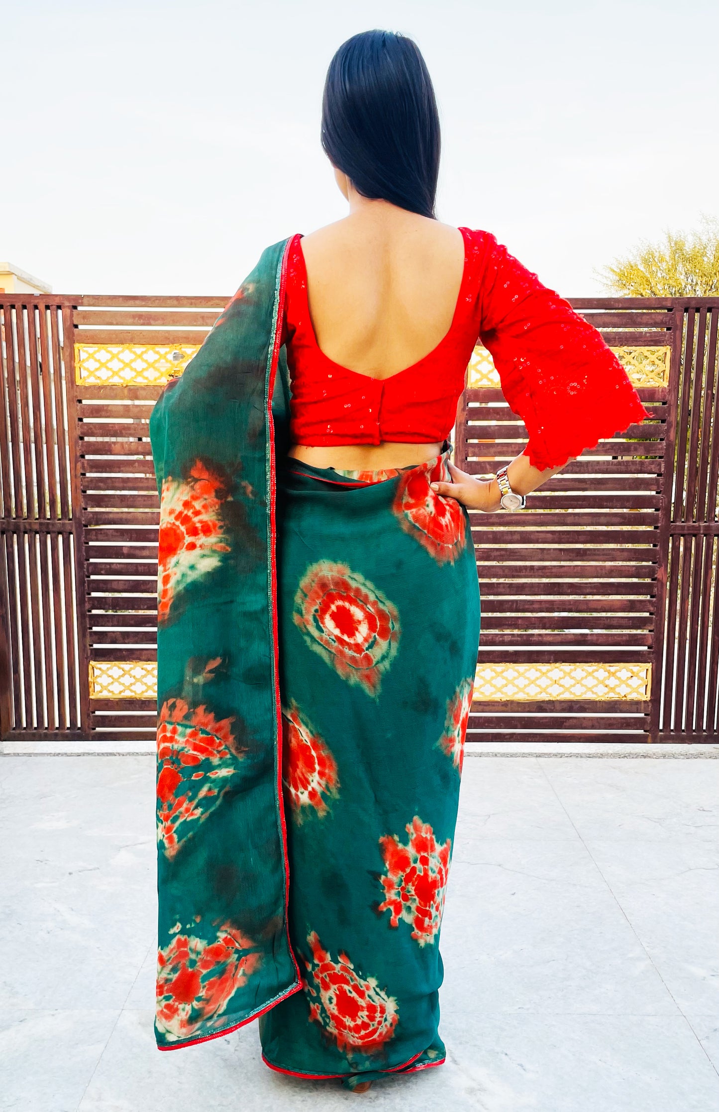 Green and Red Pure Georgette Hand Tie Dye Saree