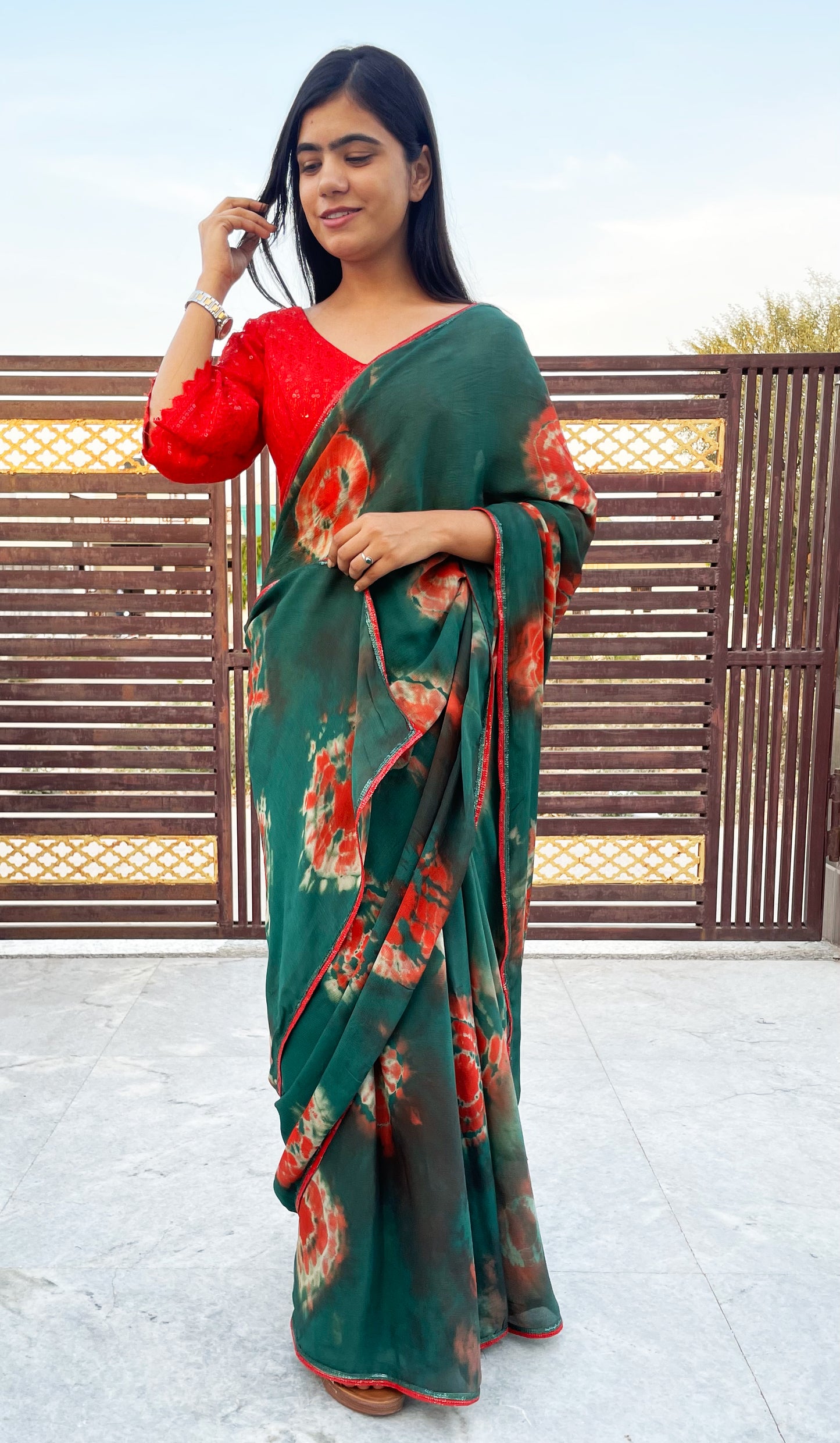 Green and Red Pure Georgette Hand Tie Dye Saree