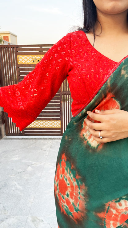 Green and Red Pure Georgette Hand Tie Dye Saree