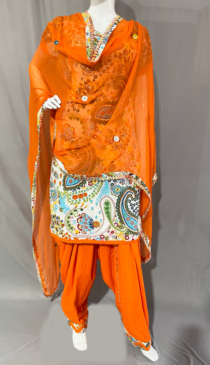 Orange and White Pure Cotton Patiala Salwar Suit
