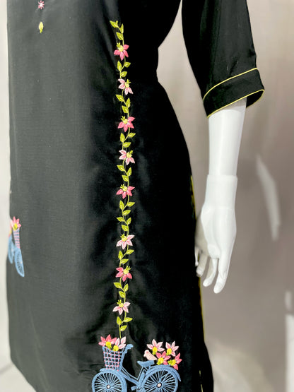 Black and Yellow Muslin Patiala Salwar Suit with Hand Embrodiery