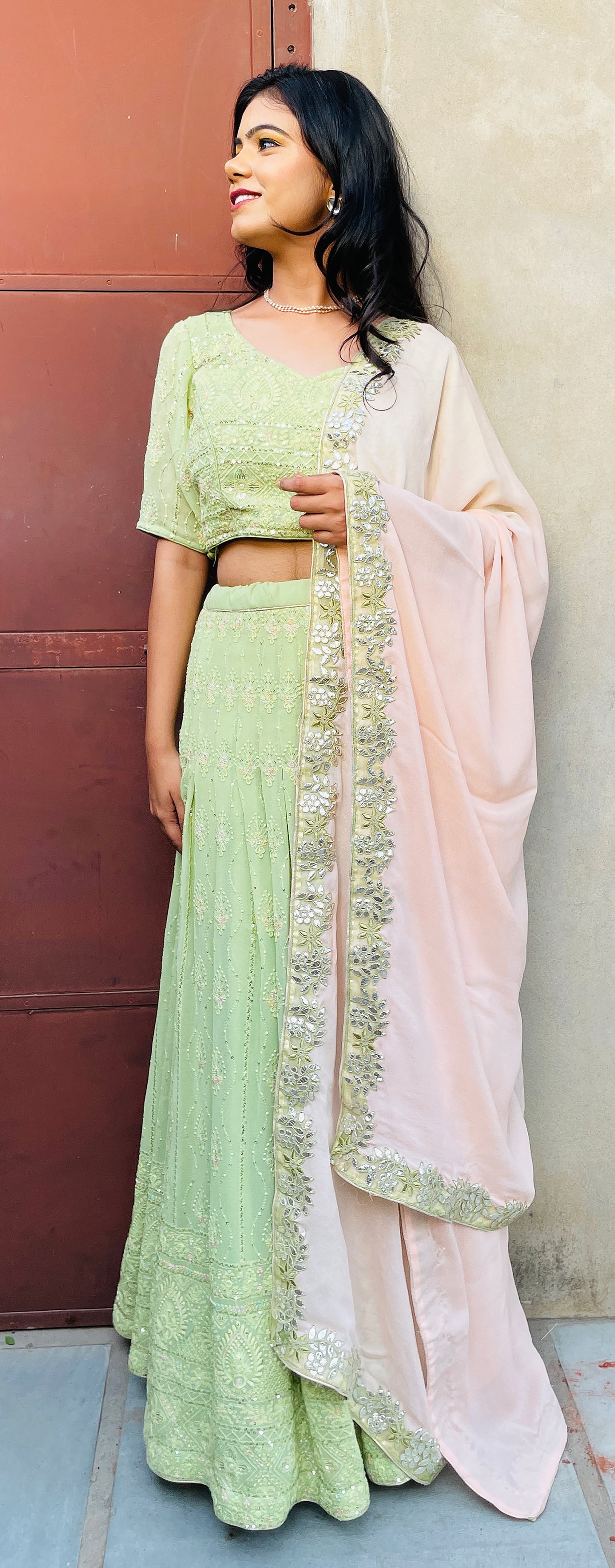 Embroidered Pastel Green Lehenga Dress