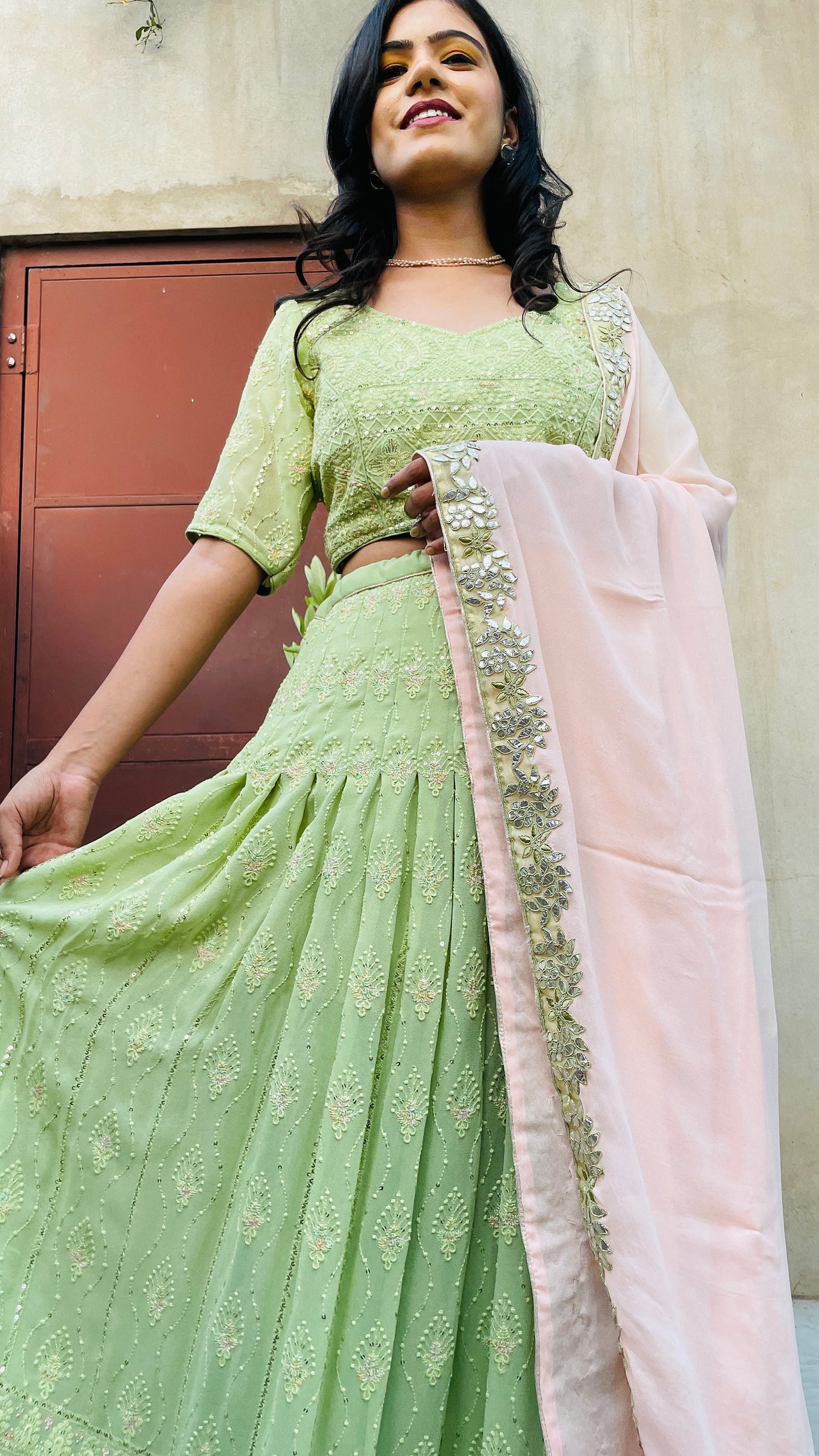 Embroidered Pastel Green Lehenga Dress