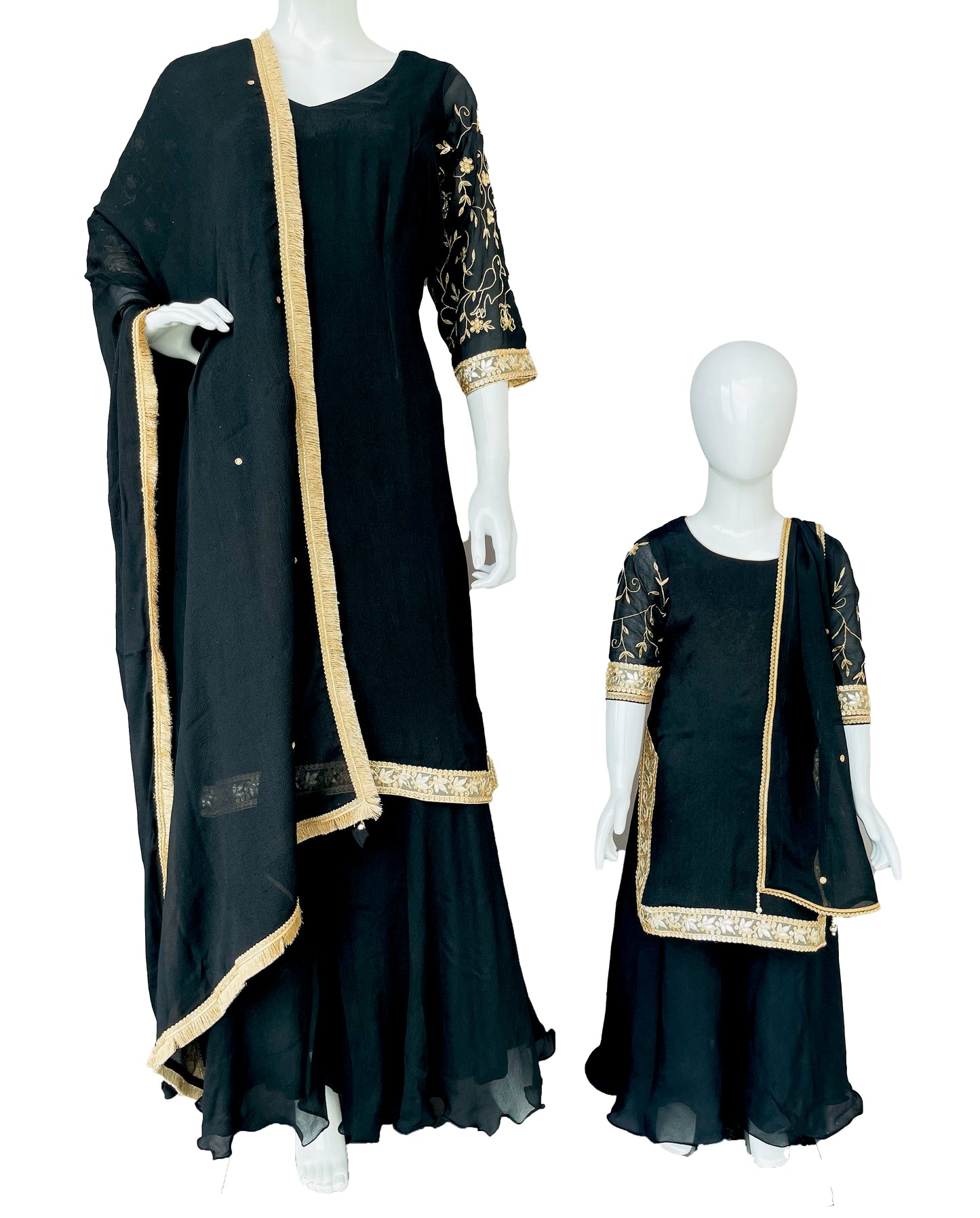 Black Pure Chinon with Golden Embroidery Garara or Sharara Suit with Dupatta, Ethnic Kids wear 15AL23SU60