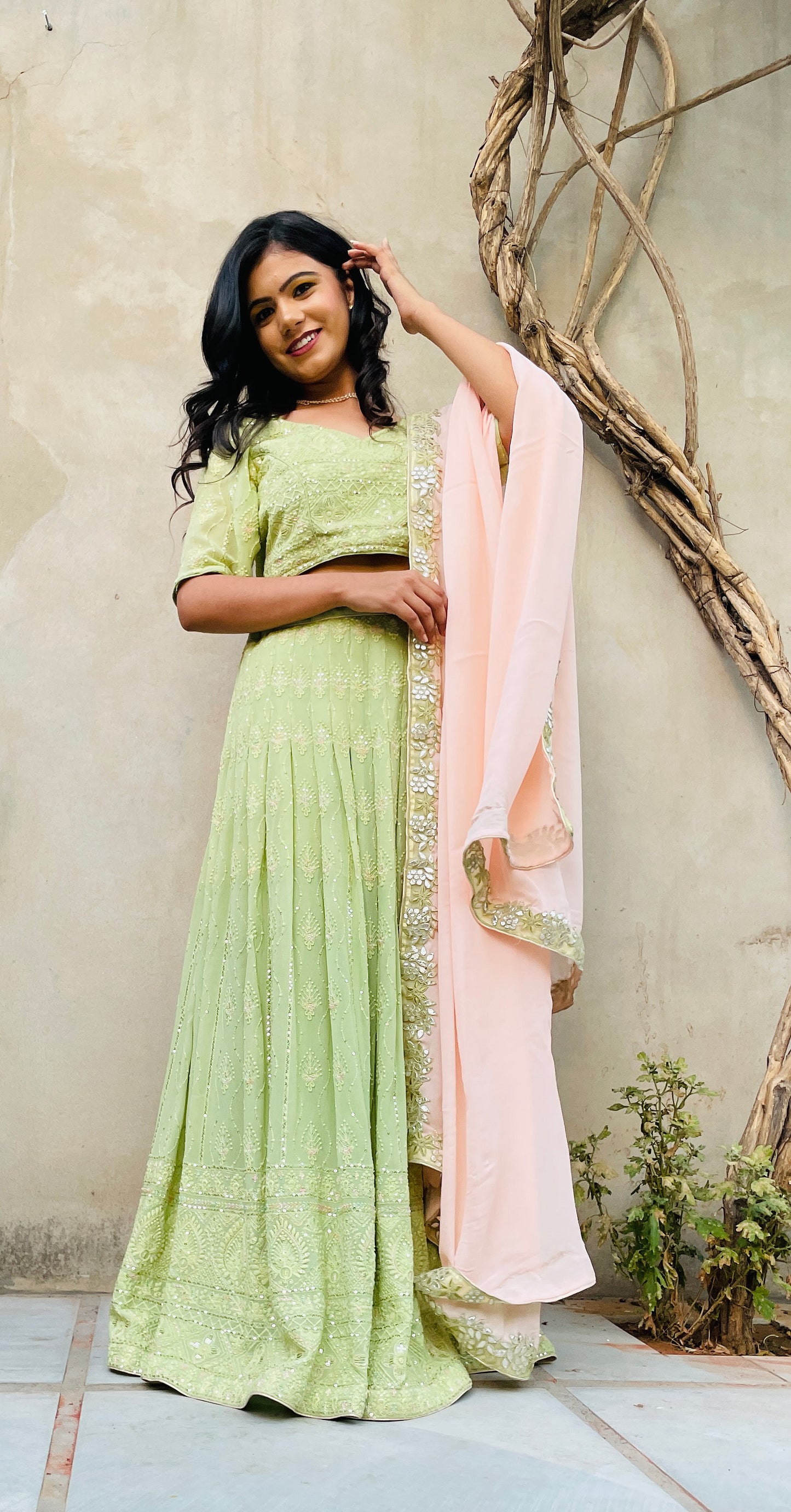 Embroidered Pastel Green Lehenga Dress