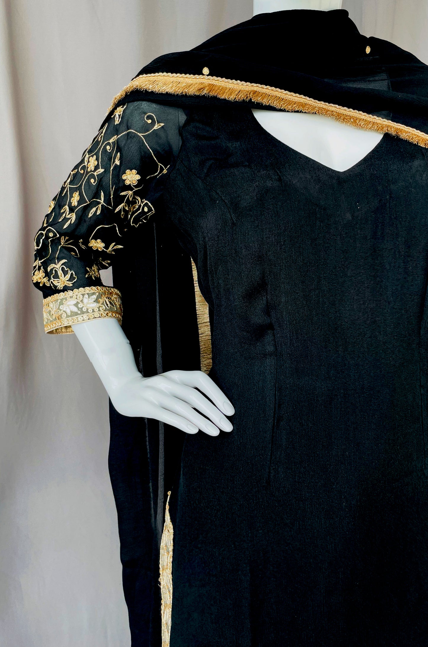 Black Pure Chinon Gharara Suit with Golden Border and Dupatta 45AL23SU50