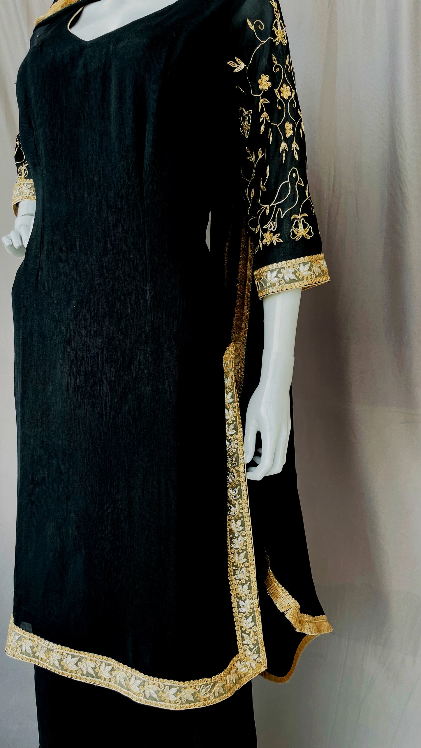 Black Pure Chinon Gharara Suit with Golden Border and Dupatta 45AL23SU50
