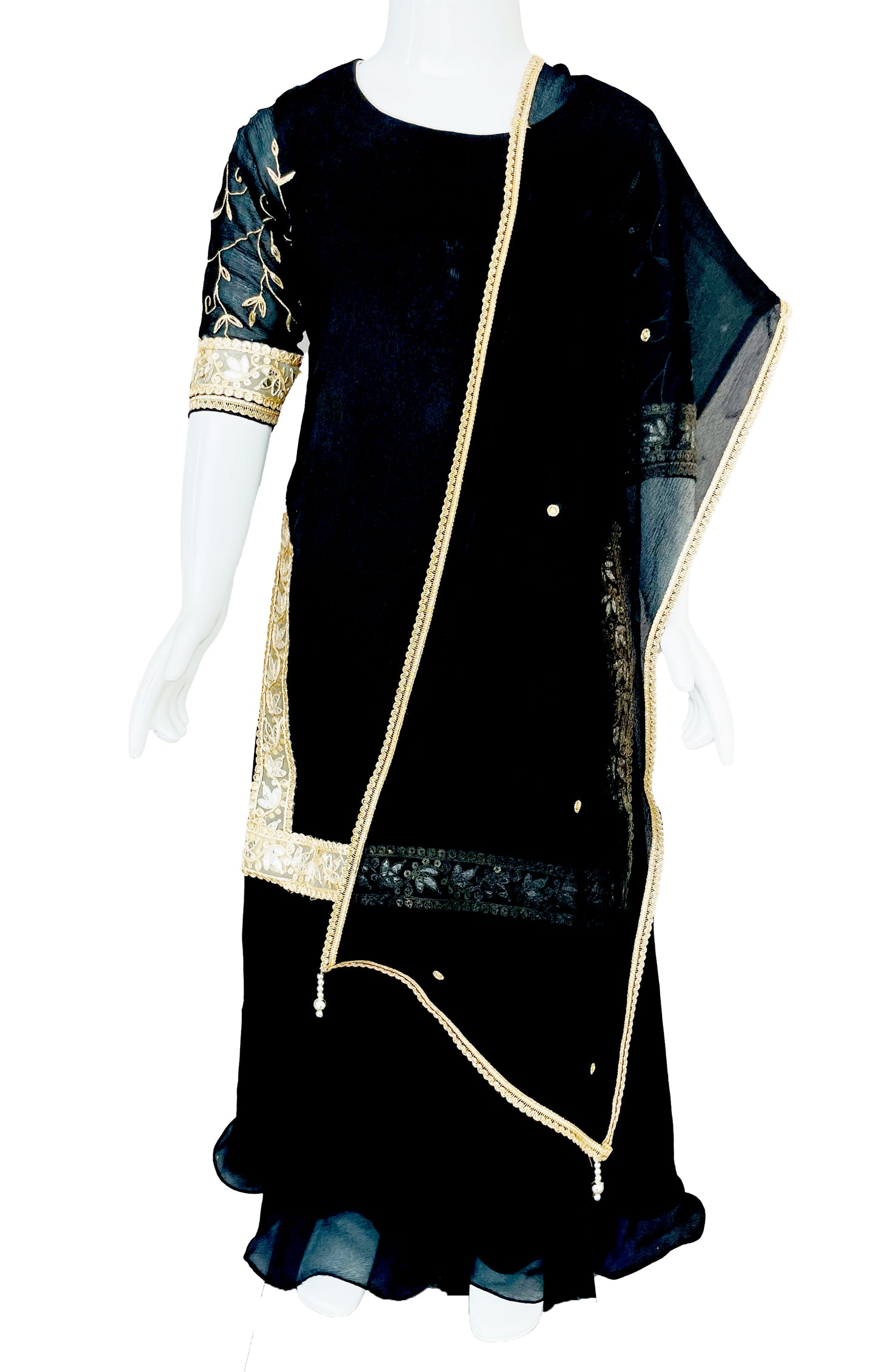 Black Pure Chinon with Golden Embroidery Garara or Sharara Suit with Dupatta, Ethnic Kids wear 15AL23SU60