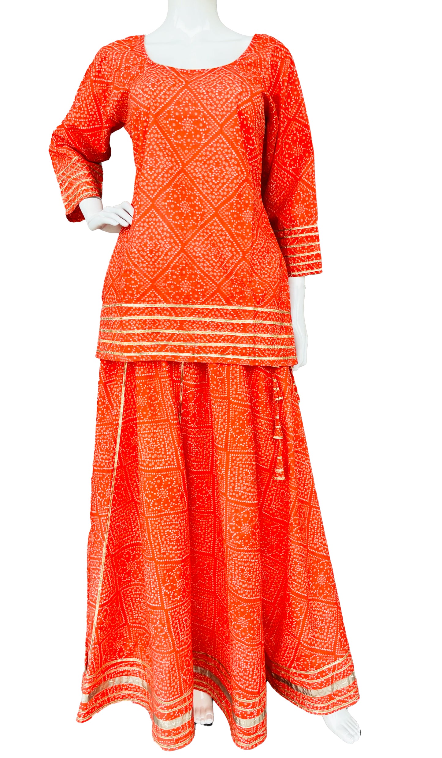 Peach Bandhani Lehenga Long Kurti Set, Tie Dye Dupatta, Pure Cotton Top and Bottom