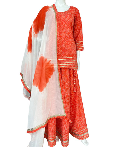 Peach Bandhani Lehenga Long Kurti Set, Tie Dye Dupatta, Pure Cotton Top and Bottom