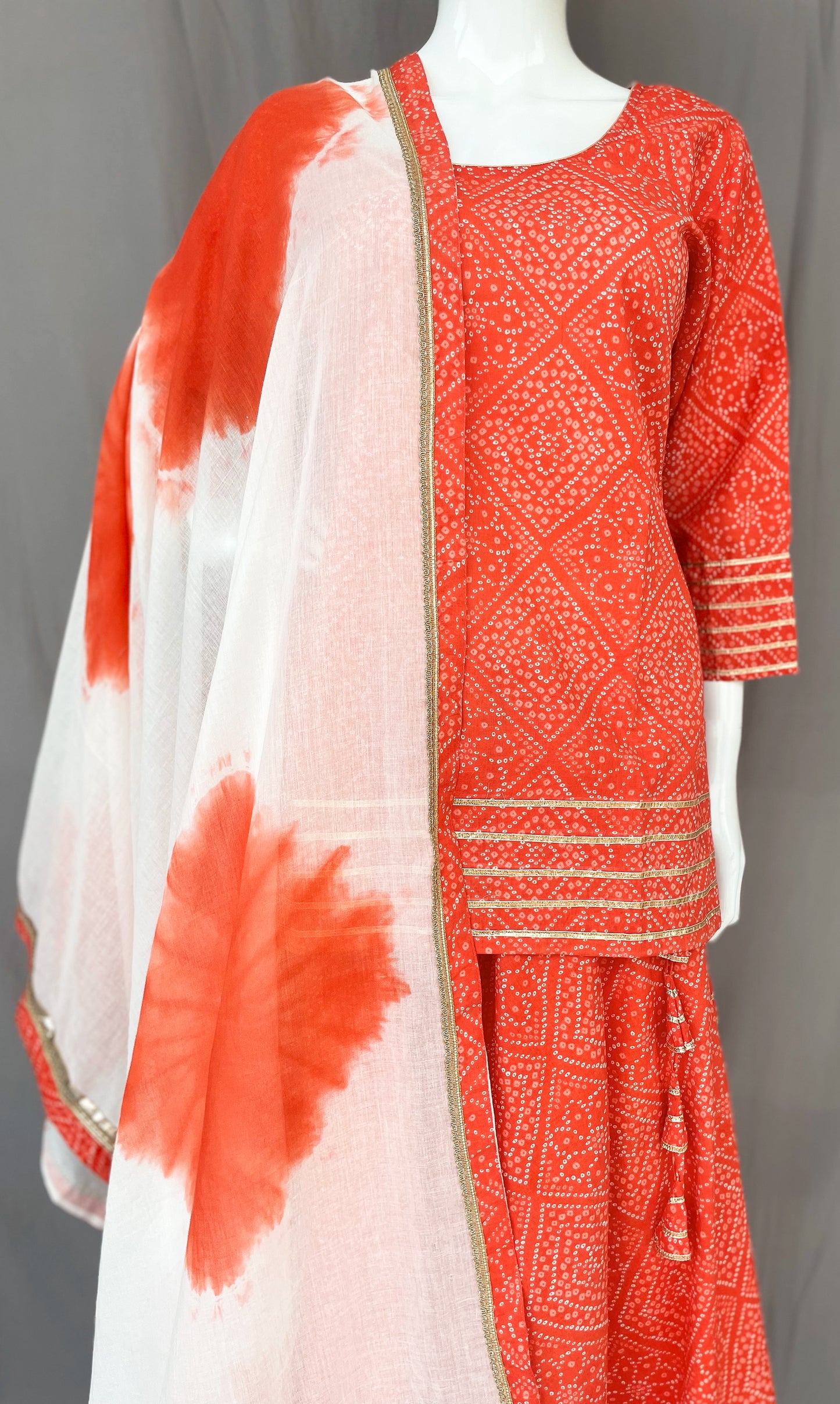 Peach Bandhani Lehenga Long Kurti Set, Tie Dye Dupatta, Pure Cotton Top and Bottom