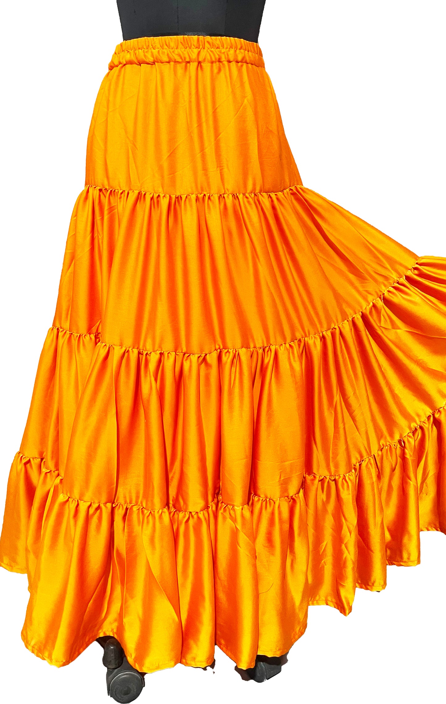 Orange Tiered Silk Ankle Length Skirt Comfortable Elastic Waist Flared Layer
