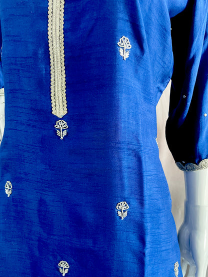 Blue Silver Pant suit with Kurta Top and Dupatta with border, Pure Silk Pant Suit
