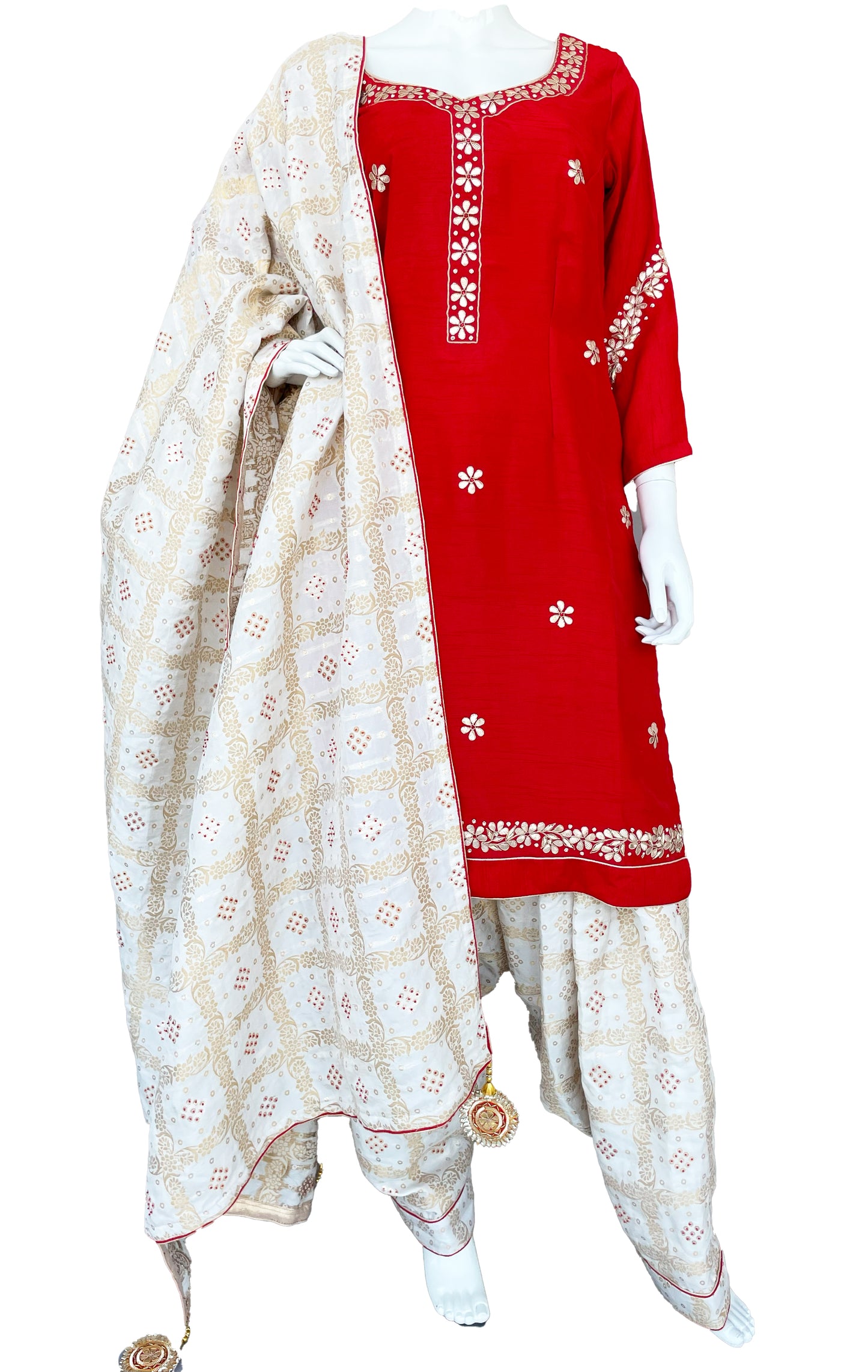 Red and White Gota Patti Punjabi Patiala Salwar Suit, Pure  Silk Punjabi Suit
