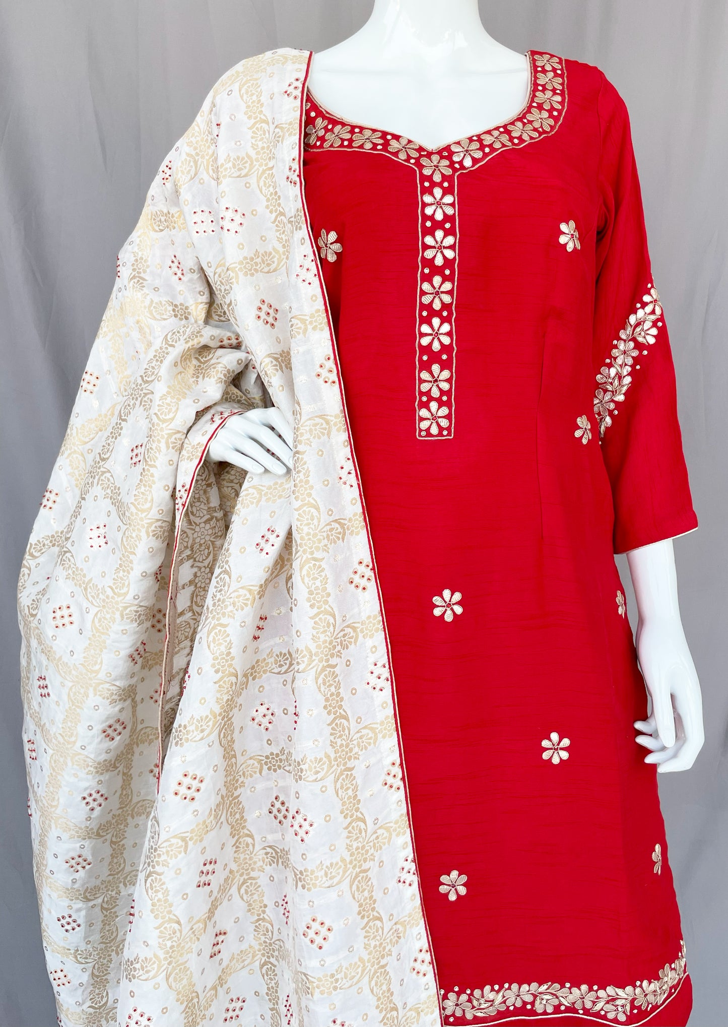Red and White Gota Patti Punjabi Patiala Salwar Suit, Pure  Silk Punjabi Suit