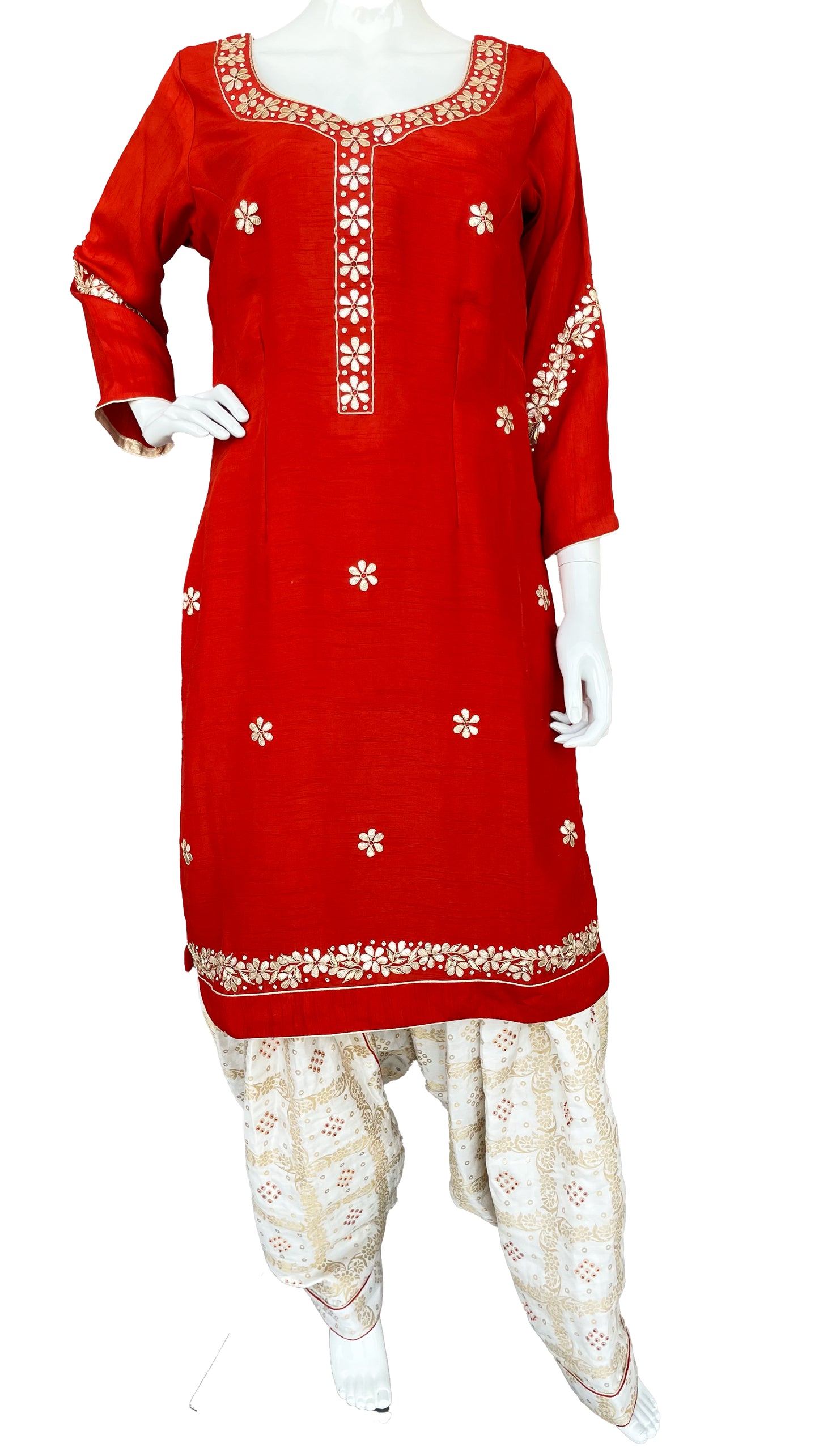 Red and White Gota Patti Punjabi Patiala Salwar Suit, Pure  Silk Punjabi Suit