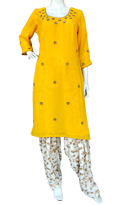Yellow White Punjabi Patiala Salwar Suit, Embroidered Suit, Pure Georgette