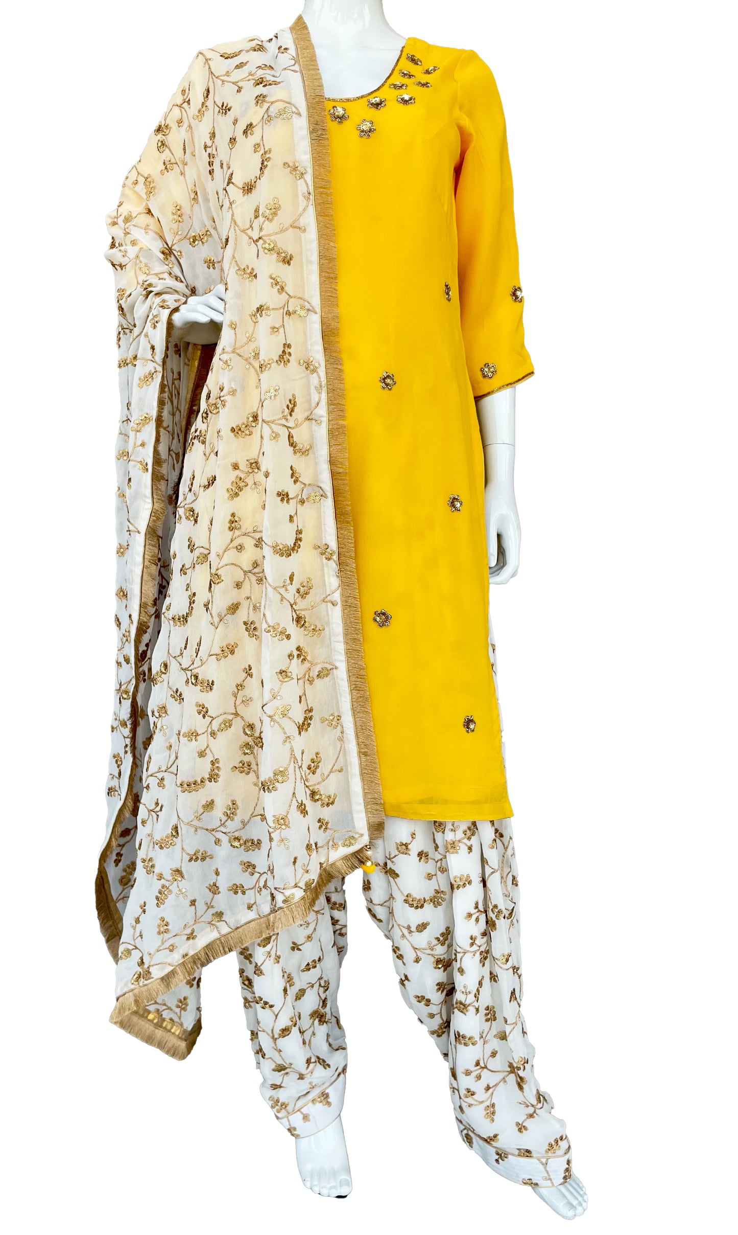 Yellow White Punjabi Patiala Salwar Suit, Embroidered Suit, Pure Georgette