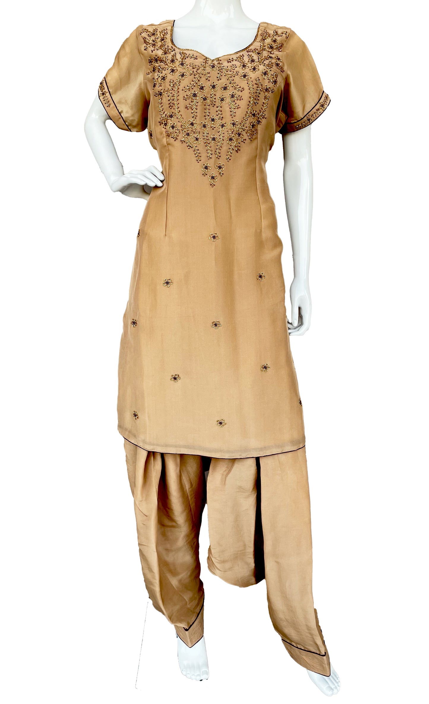 Beige Wine Punjabi Patiala Salwar Suit, Pure Upada Silk Punjabi Suit