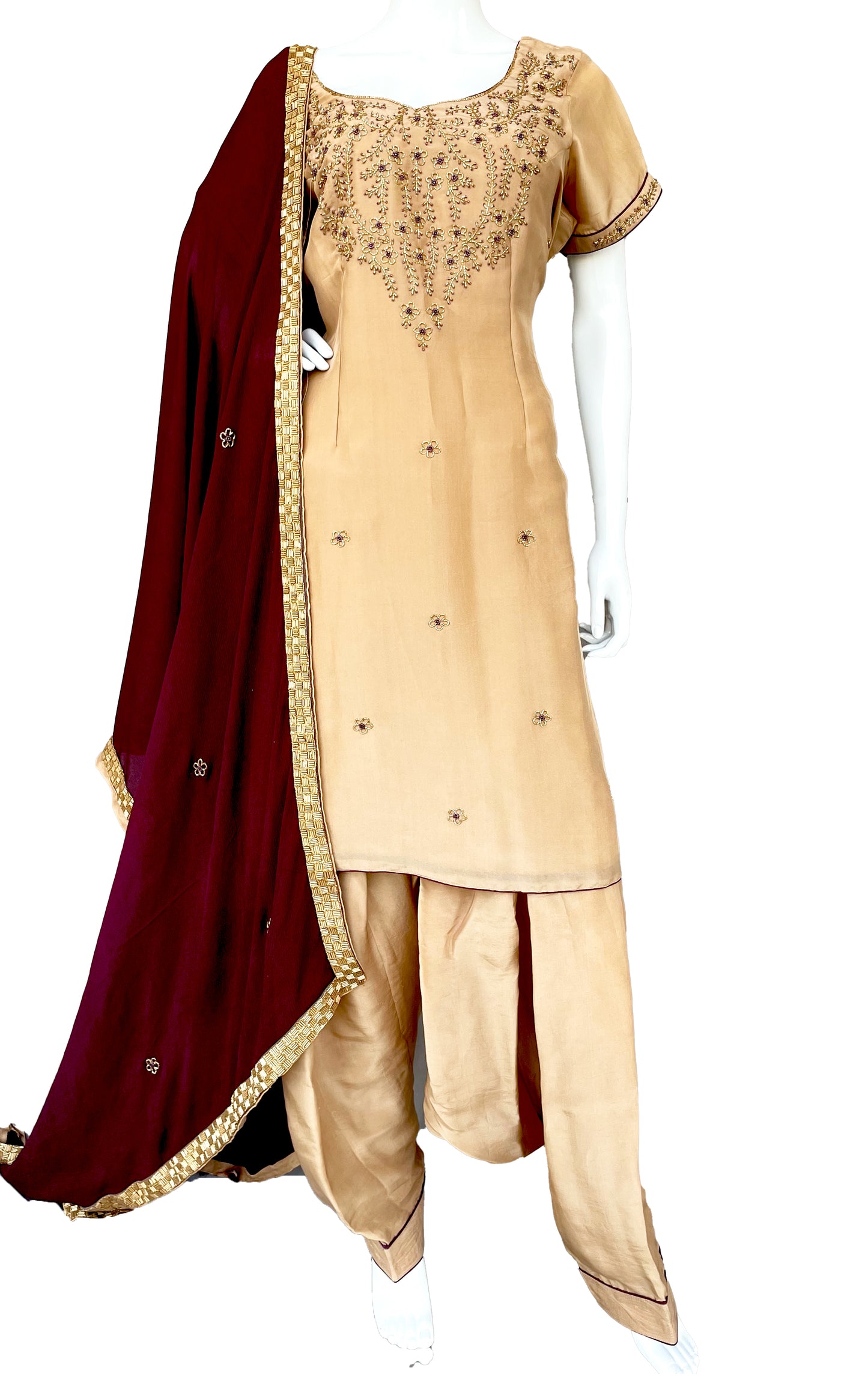 Beige Wine Punjabi Patiala Salwar Suit, Pure Upada Silk Punjabi Suit