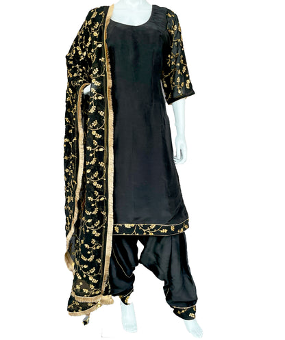 Black and Golden Punjabi Patiala Salwar Suit, Pure Upada Silk Punjabi Black and Golden Punjabi Patiala Salwar Suit, Pure Upada Silk Punjabi