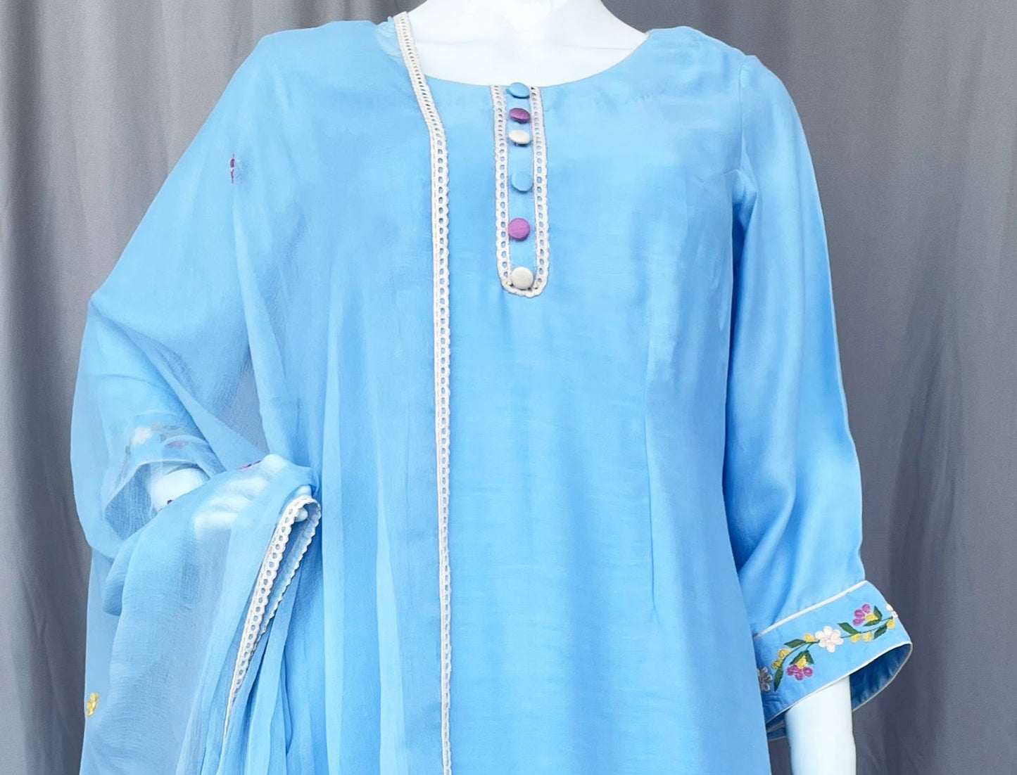 Sky Blue Pure Muslin Patiala Salwar Suit with Floral Hand Embroidery work