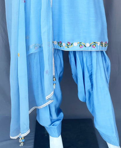 Sky Blue Pure Muslin Patiala Salwar Suit with Floral Hand Embroidery work