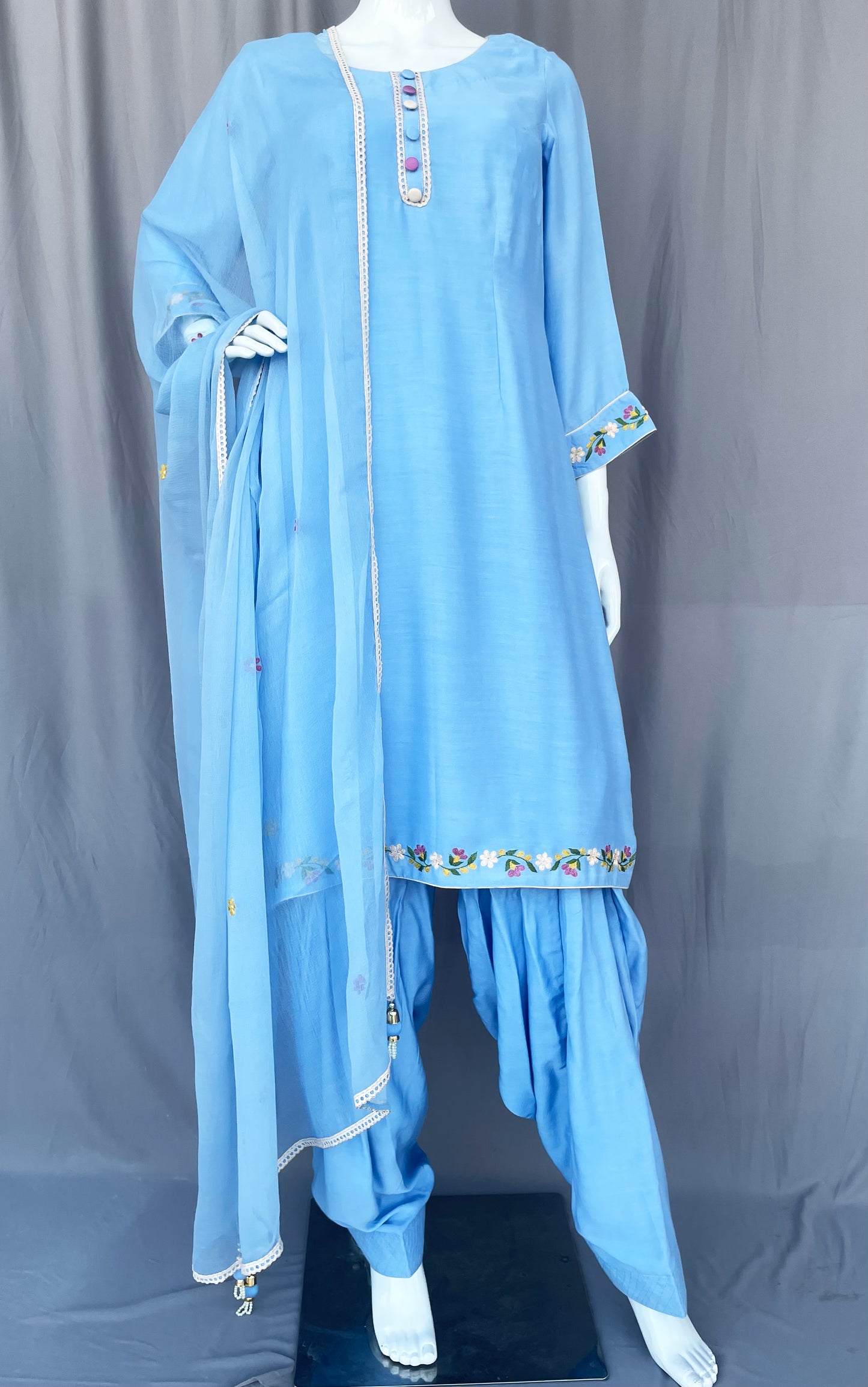 Sky Blue Pure Muslin Patiala Salwar Suit with Floral Hand Embroidery work