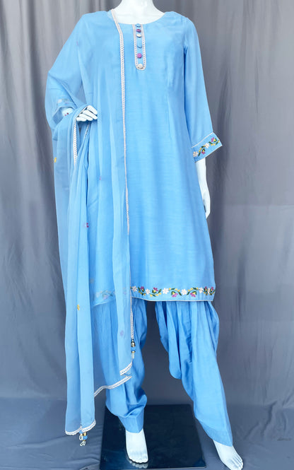 Sky Blue Pure Muslin Patiala Salwar Suit with Floral Hand Embroidery work