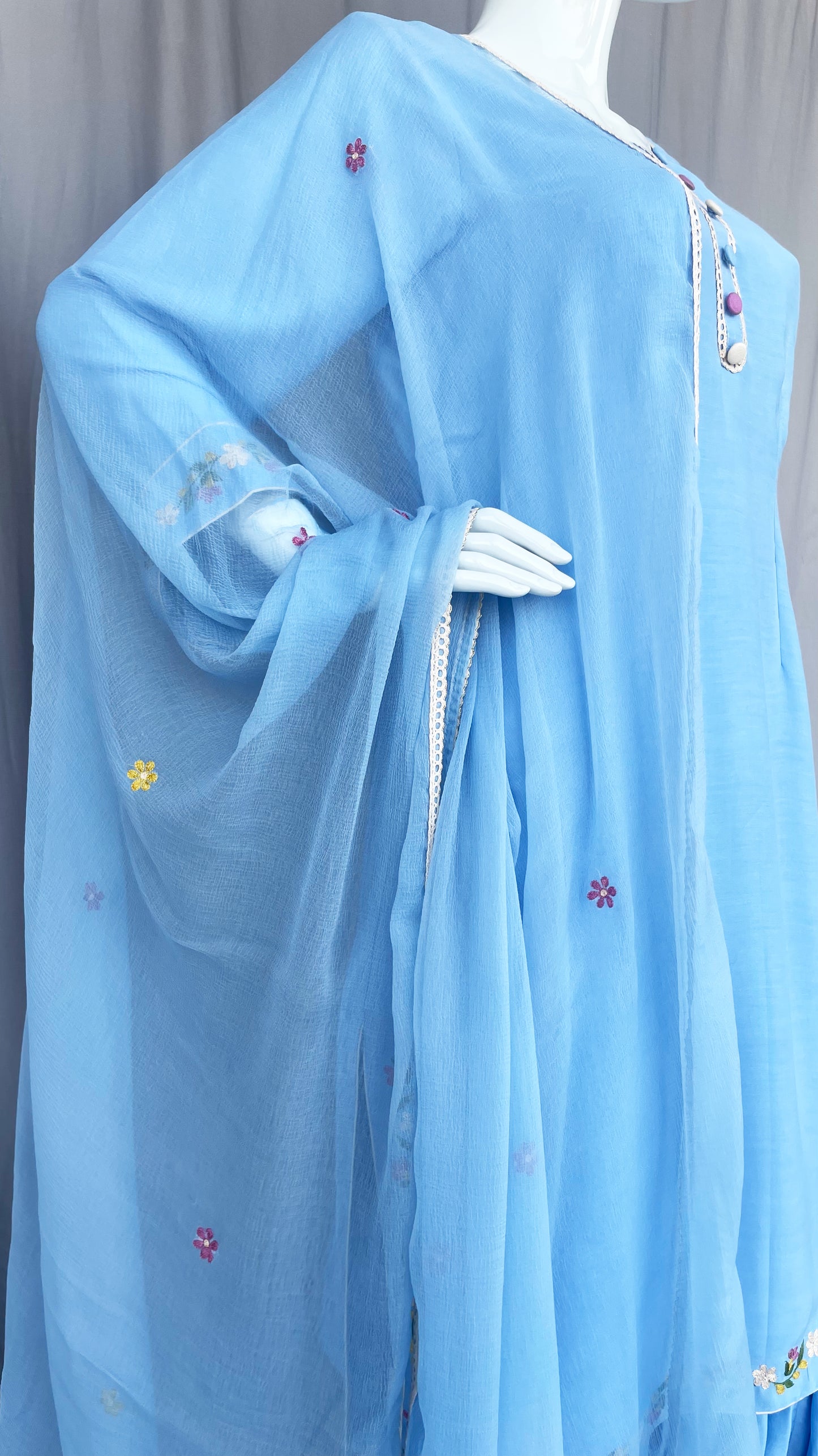 Sky Blue Pure Muslin Patiala Salwar Suit with Floral Hand Embroidery work