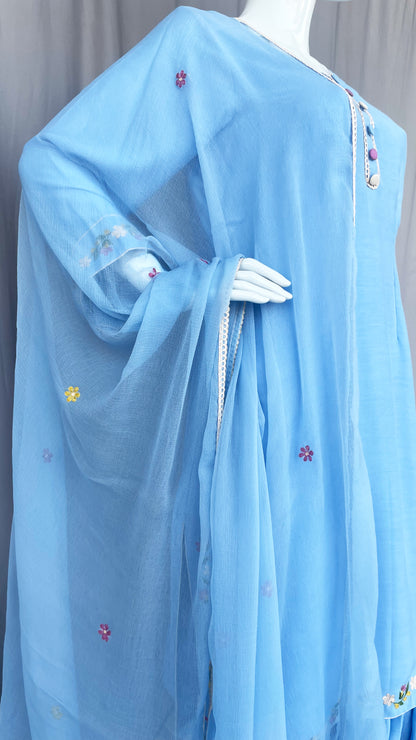 Sky Blue Pure Muslin Patiala Salwar Suit with Floral Hand Embroidery work