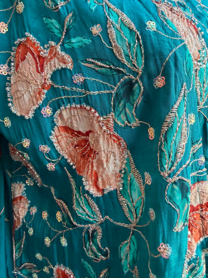 Floral Indo-Western Co-Ord Set with Natural Crepe Jacket & Top | Chinon Palazzo | Hand Embroidered | Women’s Party & Wedding Outfit