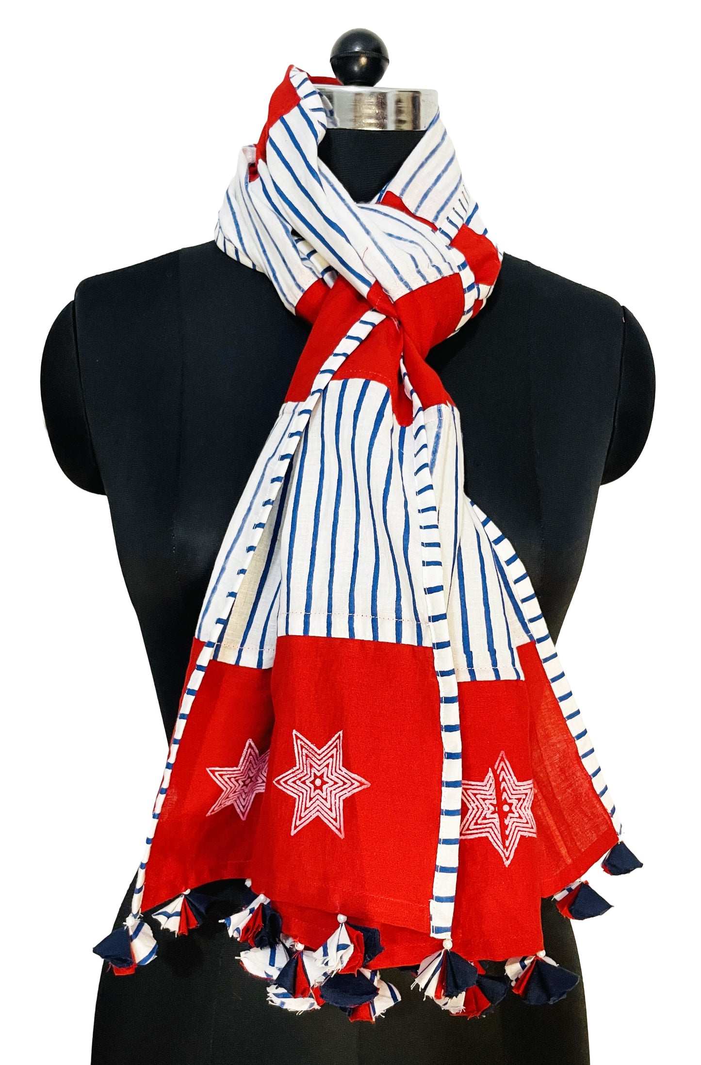 Patriotic Stole/ Wrap Stripes Stars Red White Blue stole, American Flag scarf , Pure Cotton Hand Block Printed patchwork