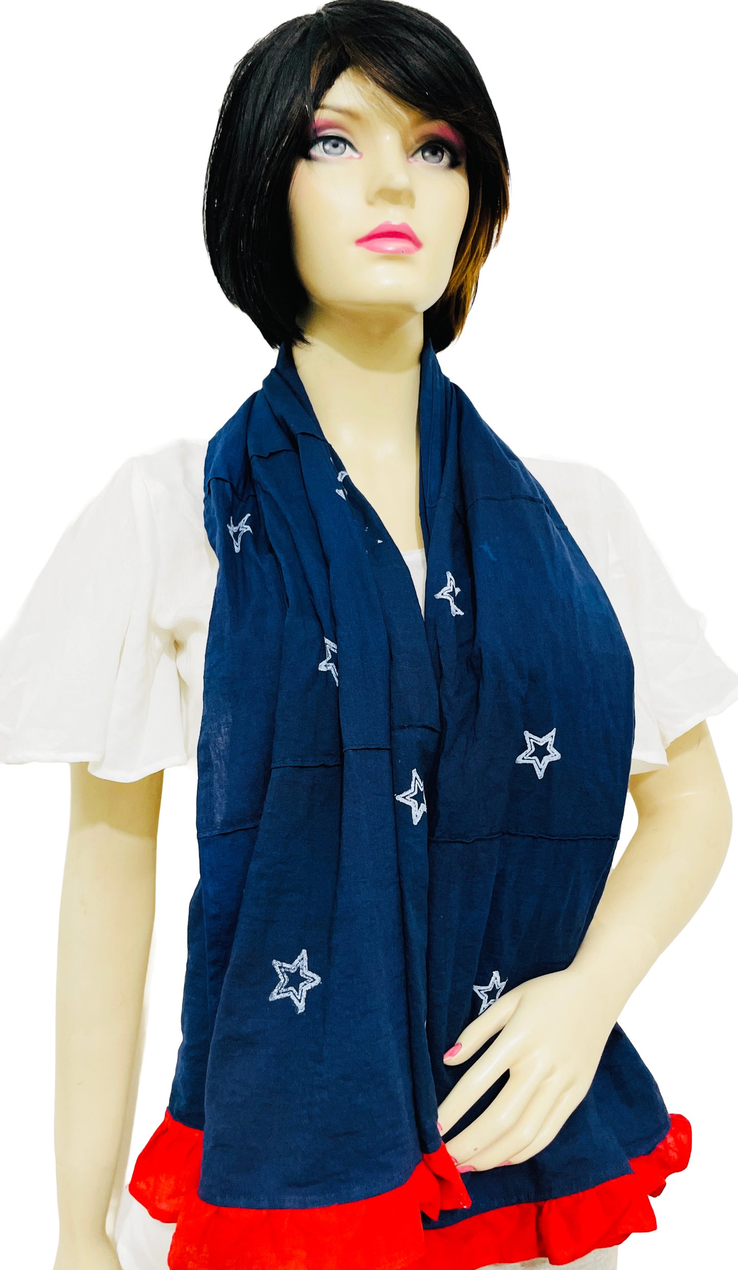 4th of July Special Blue, Red, White stole, Summer Stole/ Wrap Stars , US Independence scarf , Pure Cotton Hand Block Printed,