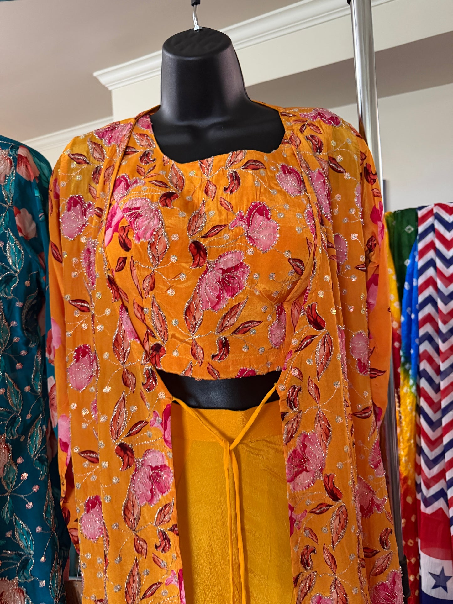 Floral Indo-Western Co-Ord Set with Natural Crepe Jacket & Top | Chinon Palazzo | Hand Embroidered | Women’s Party & Wedding Outfit