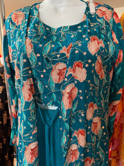 Floral Indo-Western Co-Ord Set with Natural Crepe Jacket & Top | Chinon Palazzo | Hand Embroidered | Women’s Party & Wedding Outfit