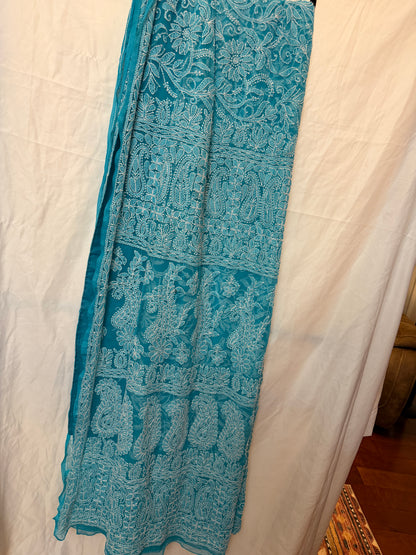 Close-up of a sky blue pure georgette saree highlighting intricate white floral embroidery, paisley motifs, and an elegant embroidered border.
