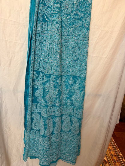 Close-up of a sky blue pure georgette saree highlighting intricate white floral embroidery, paisley motifs, and elegant embroidered border.