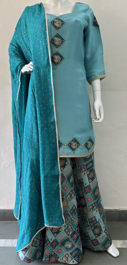 Teal Pure Dola Silk Patch Work Kurta Lehenga with Dupatta