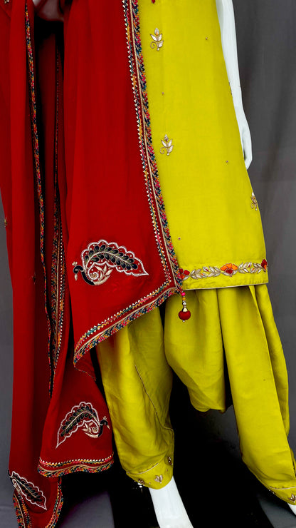 Parrot Green Embroidered Patiala salwar Pure silk suit, Wedding wear, Handwork Suit, Haldi, Mehendi Wear Suit,
