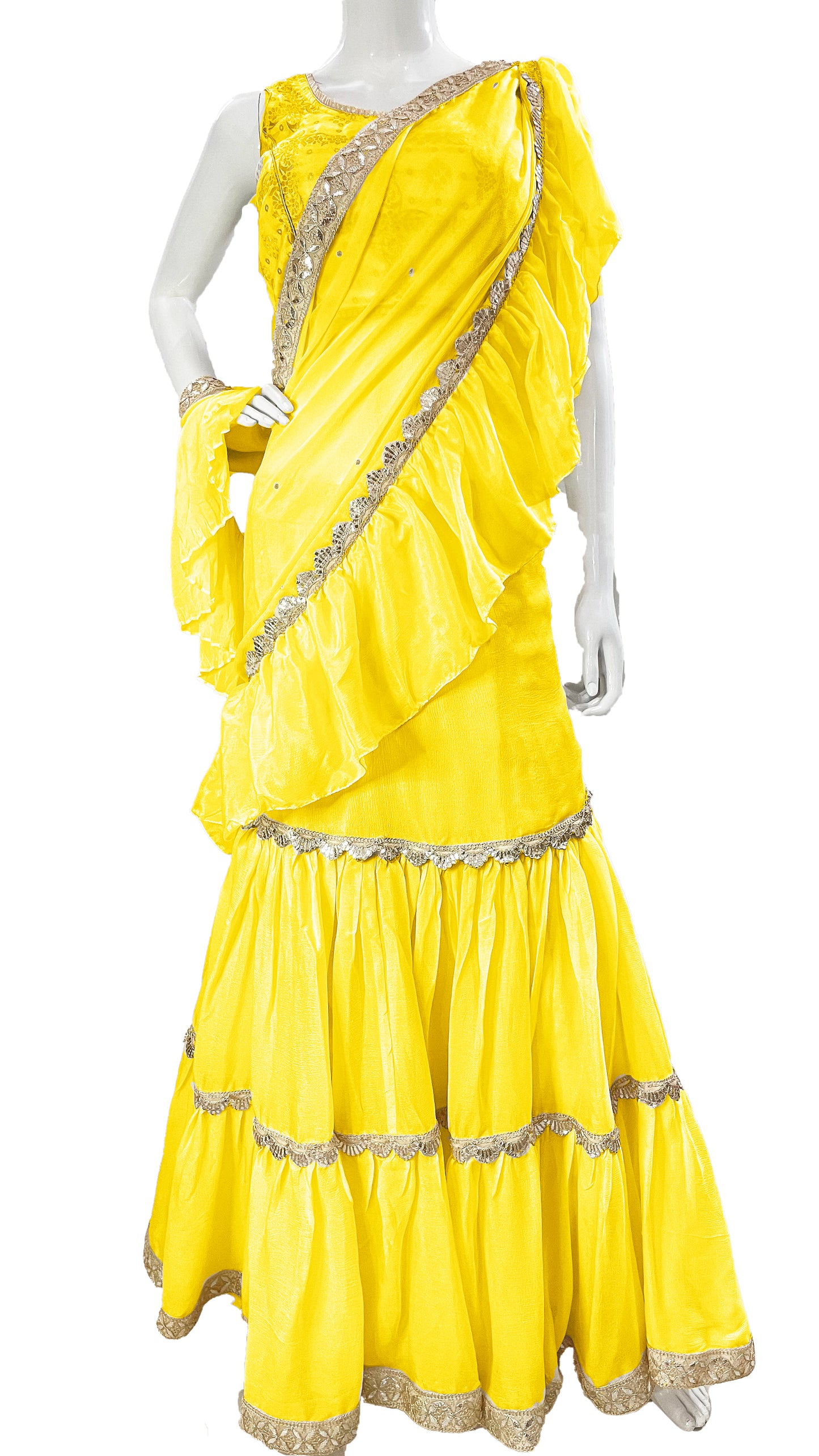 Mustard yellow Pure Chinon Saree, Ready to wear Sari, Skirt Saree with Pure Dola SILK Blouse