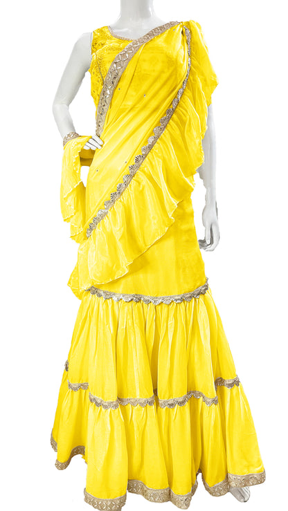Mustard yellow Pure Chinon Saree, Ready to wear Sari, Skirt Saree with Pure Dola SILK Blouse