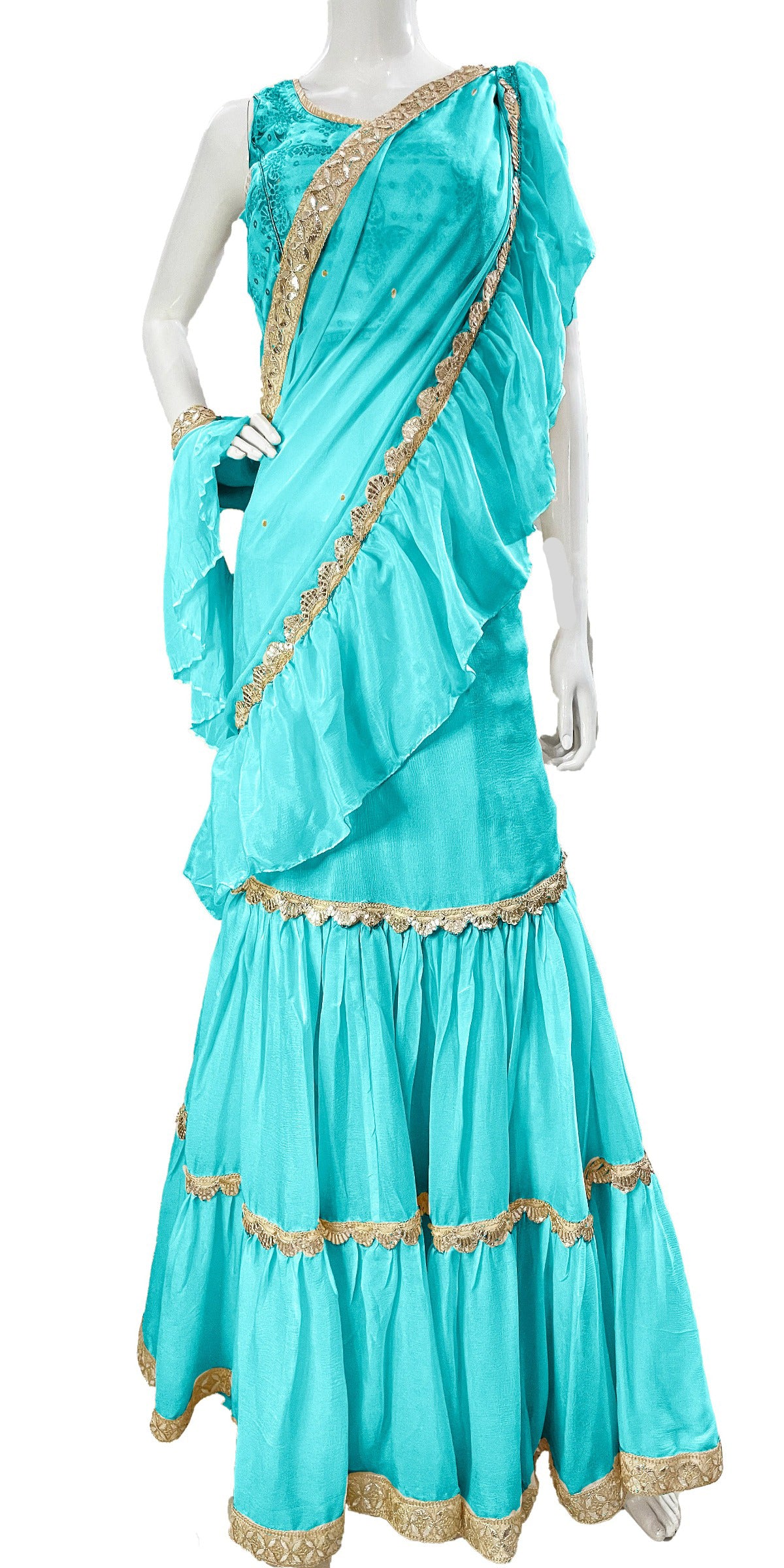 Firozi Pure Chinon Saree, Ready to wear Sari, Skirt Saree with Pure Dola SILK Blouse