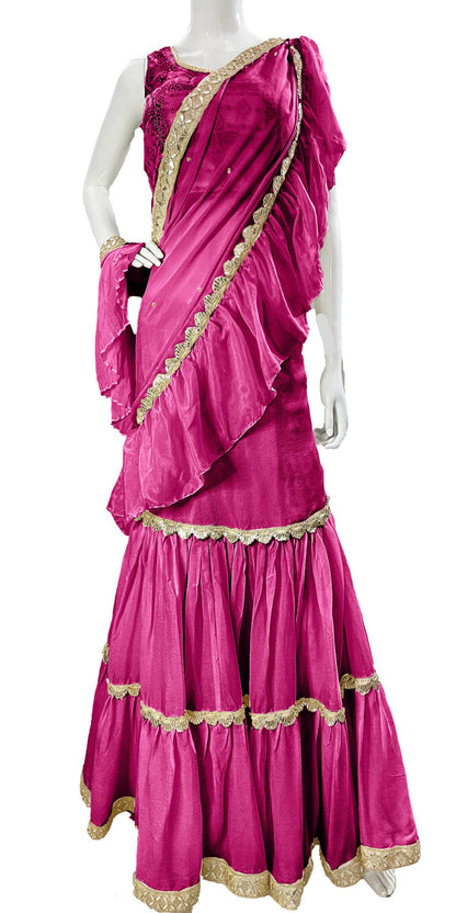 Hot Pink Pure Chinon Saree, Ready to wear Sari, Skirt Saree with Pure Dola SILK Blouse