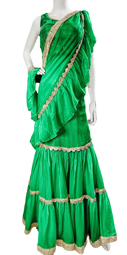 Green Pure Chinon Saree, Ready to wear Sari, Skirt Saree with Pure Dola SILK Blouse